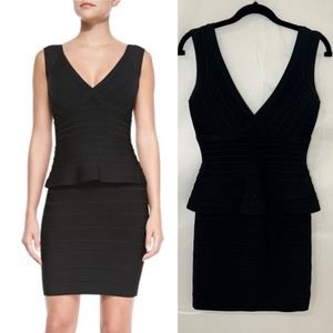 Herve Leger Black Sleeveless V-Neck Peplum Bandage Dress